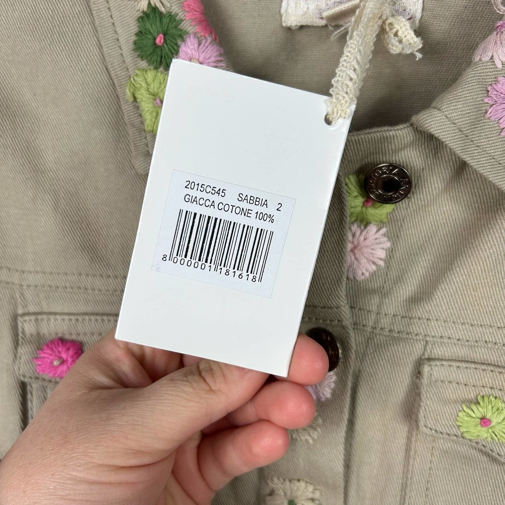 NEW Antica Sartoria Tan Denim Jacket Embroidered Flowers Size 2 - Picture 6 of 11